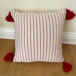 HEARTH & HAND 18" Red and White Knit Stiching Stripe Pillow with Pom Poms